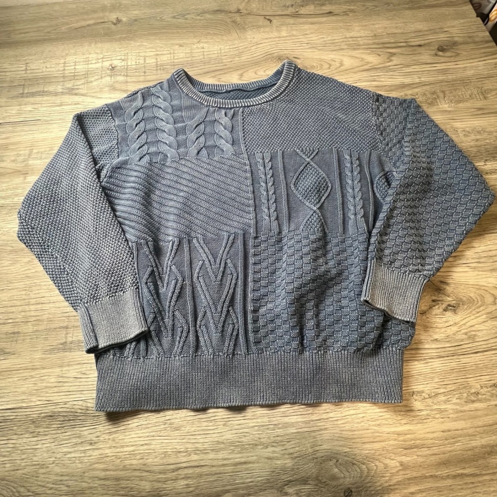 Unbranded Patchwork Cable Knit Sweater Men XXXL Blue Textured Crewneck Oversized